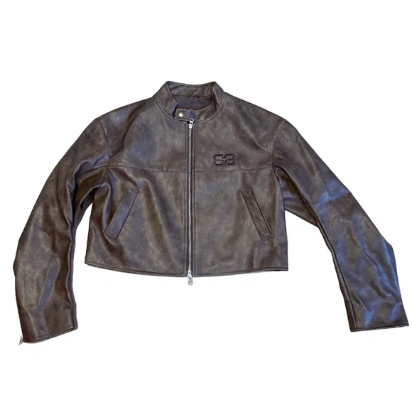 748. SAYSRA Brown Faux Leather Boxy Moto Jacket $164 NWOT S/M